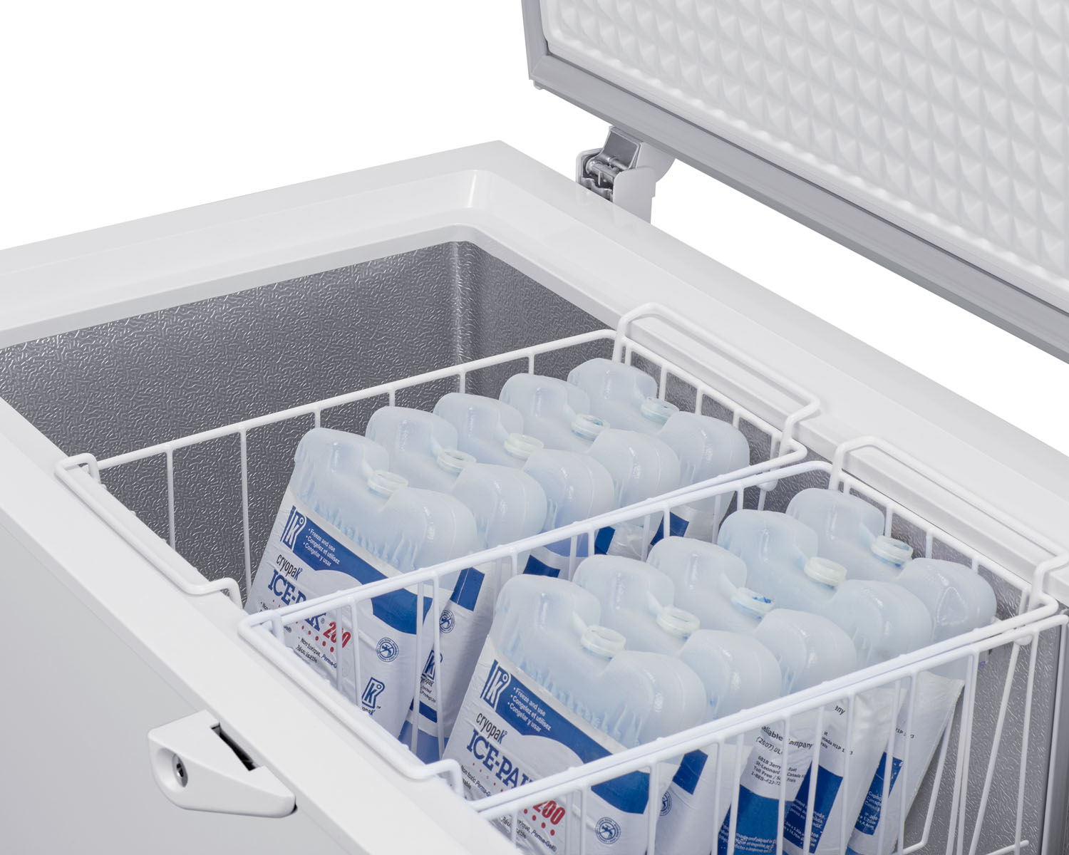 Commercially listed 6.7 cu.ft. manual defrost chest freezer in white with stainless steel corner guards, stainless steel look lid, interior light, and lock